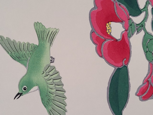 木版色紙　椿に小鳥