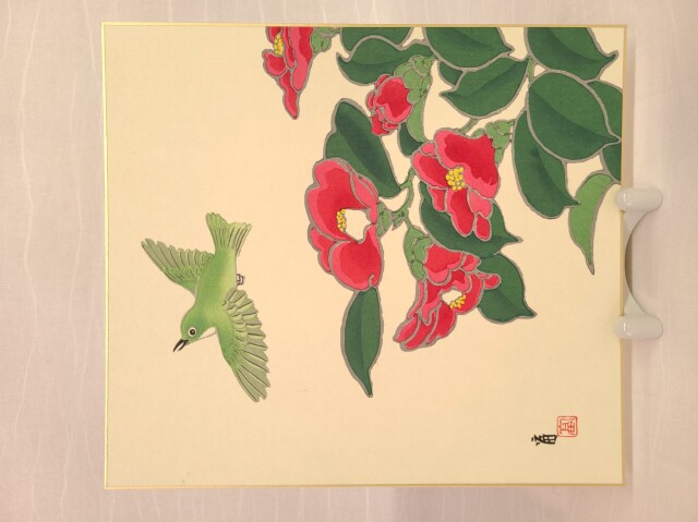 木版色紙　椿に小鳥