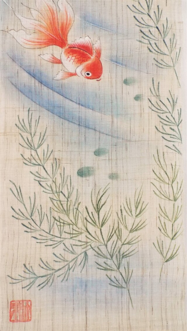 手描き麻タペストリー　清涼金魚